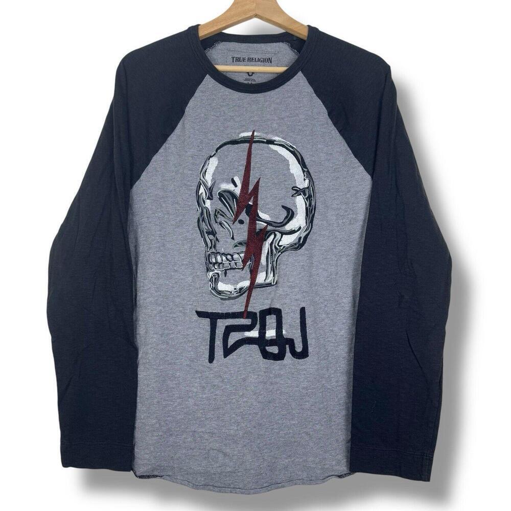 TRUE RELIGION TRBJ Skull Raglan LS MEN T-SHIRT Grey/Black Y2K Grunge Sz M $99